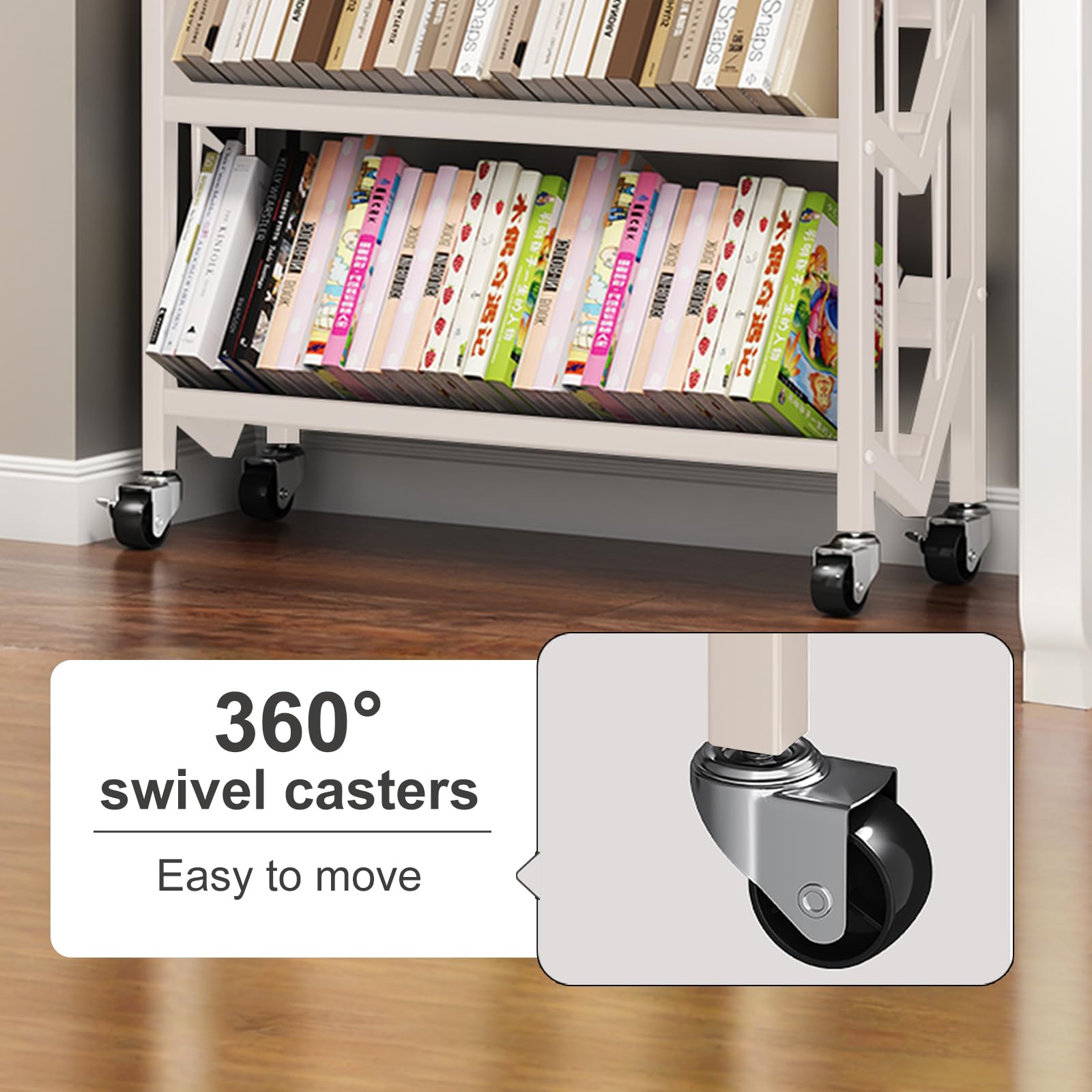 Estanteria Libros con Ruedas, Estantería Metálica de 3 Niveles, 50x25x81.5cm, con Ganchos Desmontables y Ruedas con Freno, para Hogar, Oficina, Aula (Blanco)