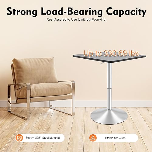 Miniatura 5 de Mesa de bar, mesa de bar cuadrada para bebidas, café, mesa moderna, altura ajustable, mesa giratoria de 360°, mesa de cóctel alta, mesa de bistró de