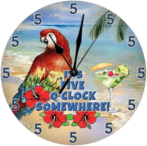 ArogGeld Reloj de pared de PVC de 9 pulgadas, silencioso, sin tictac, loro Martini, reloj de pared colgante It's Five Oclock Somewhere funciona con