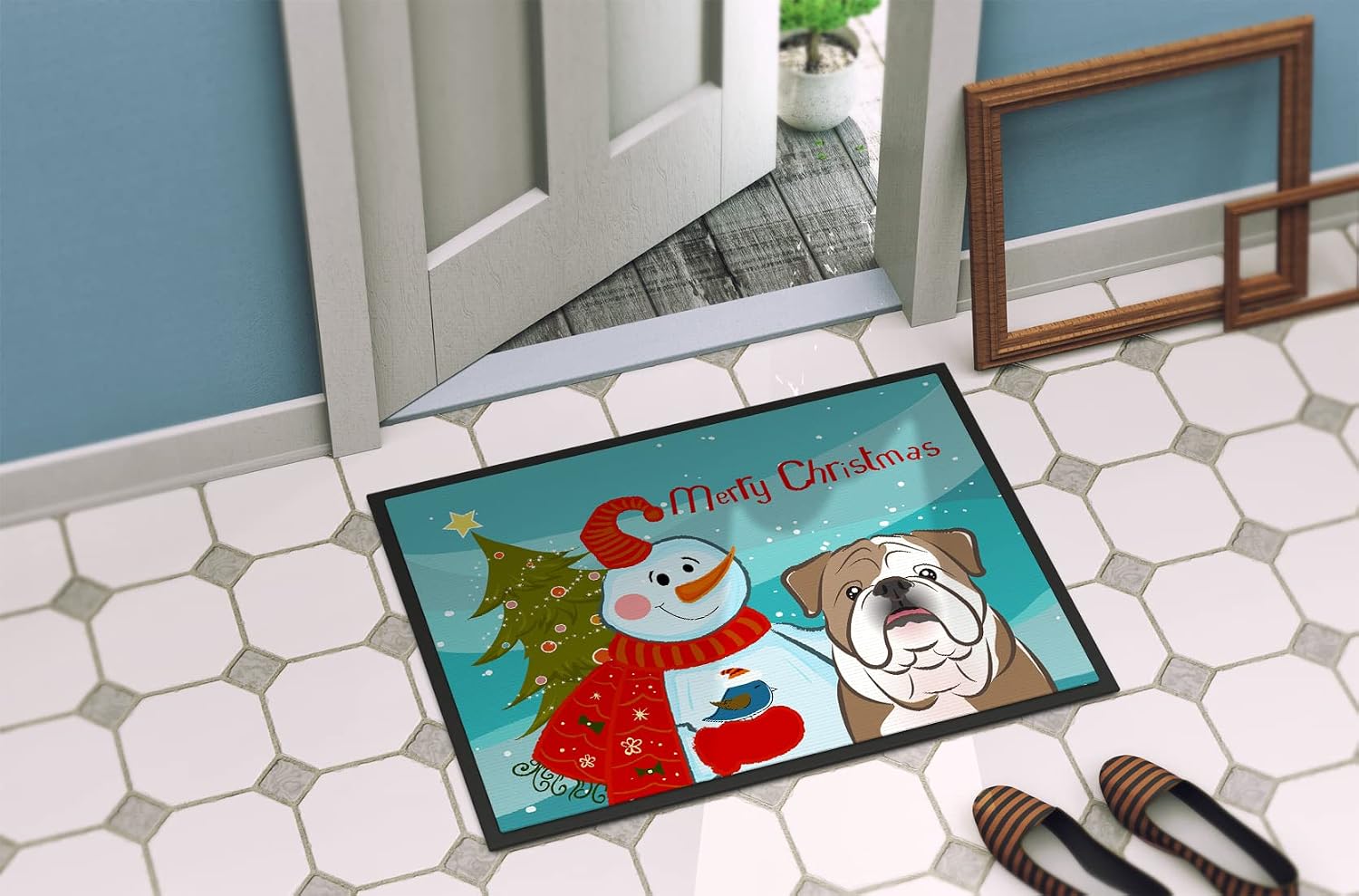 Caroline's Treasures BB1839JMAT Snowman with English Bulldog Doormat 24x36 Front Door Mat Indoor Outdoor Rugs for Entryway, Non Slip Washable Low Pile, 24H X 36W