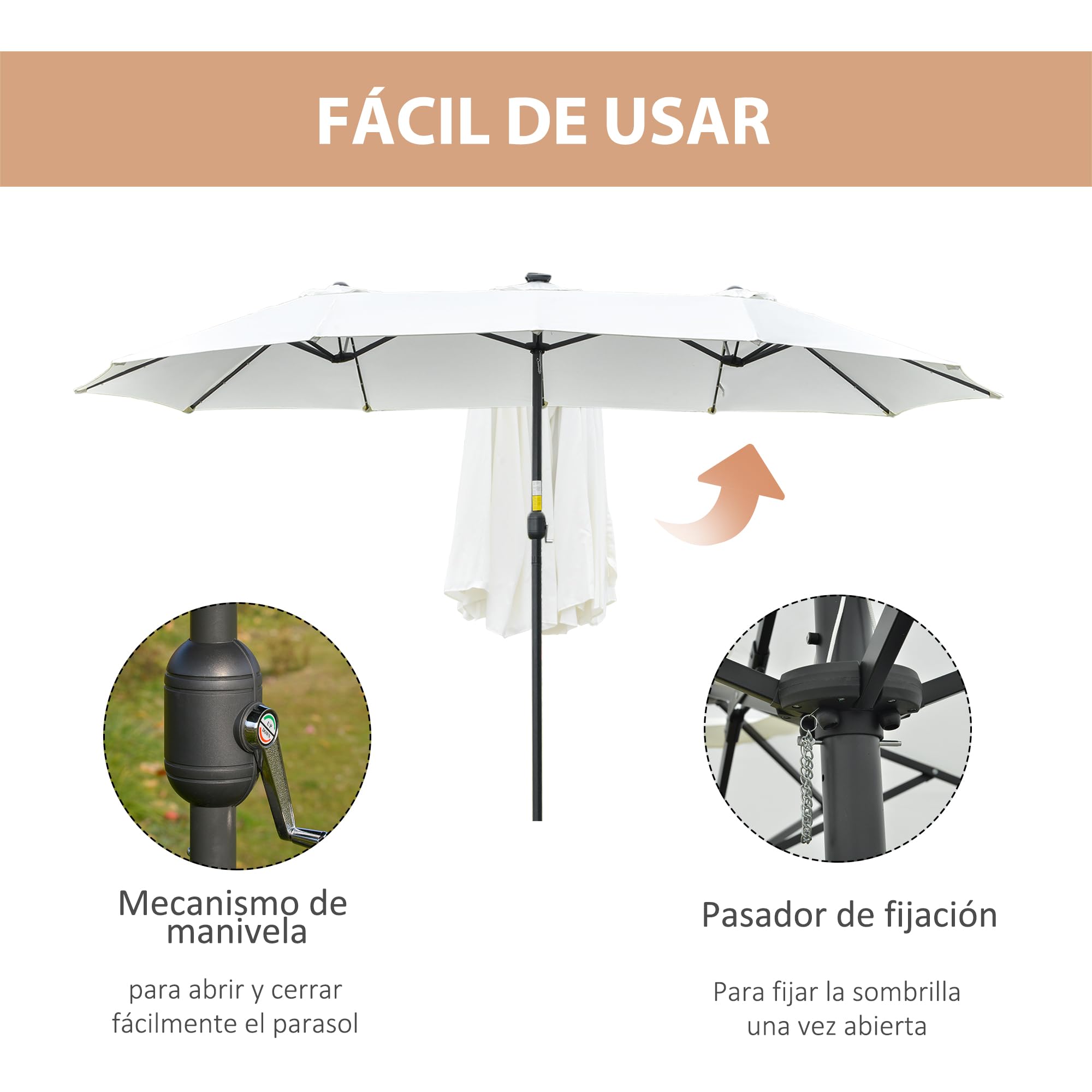 Outsunny Sombrilla Doble 4,5x2,7 m con 48 Luces LED Manivela | Sombrilla Terraza Exterior, Resistente al Agua y Protección Solar, Parasol para Jardín, Terraza, Patio y Piscina, Grandes