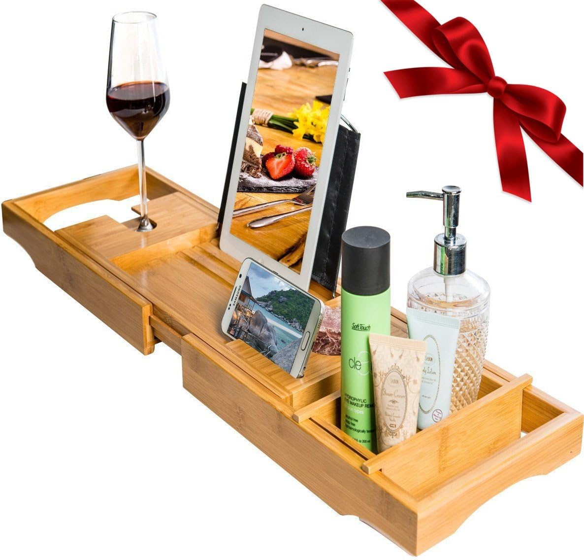 Royal Casa Bamboo Bathtub Caddy, Wooden Shower Bath Tub Organizer, Stainless Steel BookTablet holder, Removable TowelAccessories Tray, Adjustable Reading Stand With a Rear Cloth Cover