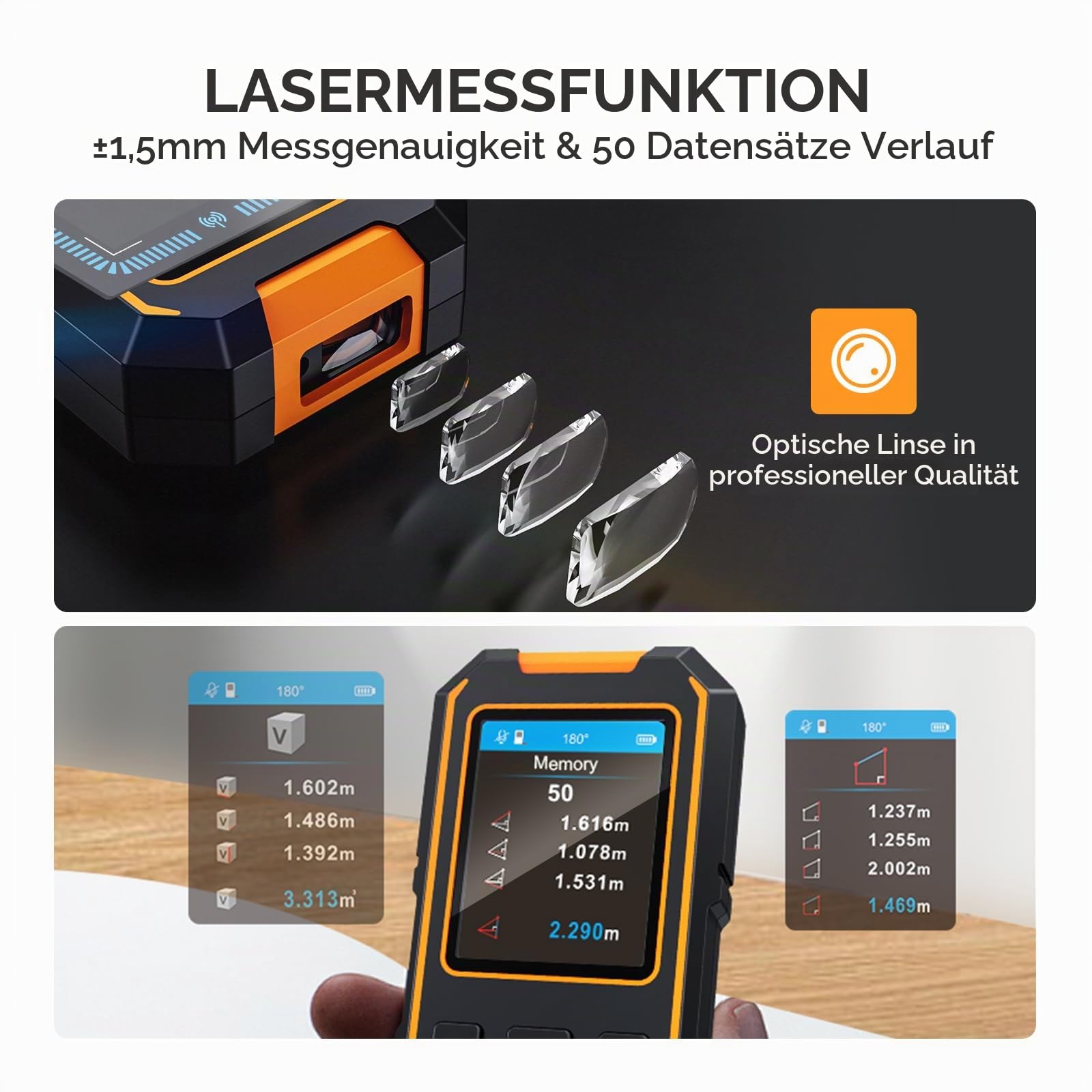 Wandbolzenfinder mit Laser Entferungsmesser, Multifunktionales Bolzenortungsgerät mit verbesserten Intelligenten Sensoren, LCD-Display und Sprachausgabe, Digitaler r Lasermessgerät 40M/130ft