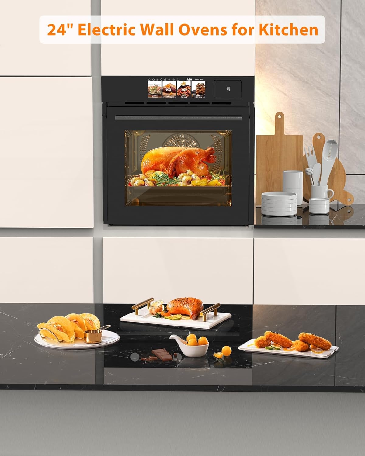 GarveeHome 24 in Built-In Single Wall Oven with Steam, Grill & Air Fry - 3000W Convection Electric Oven, 2.5 Cu.ft Stainless Steel Interior, Advanced TFT Touchscreen (240V)