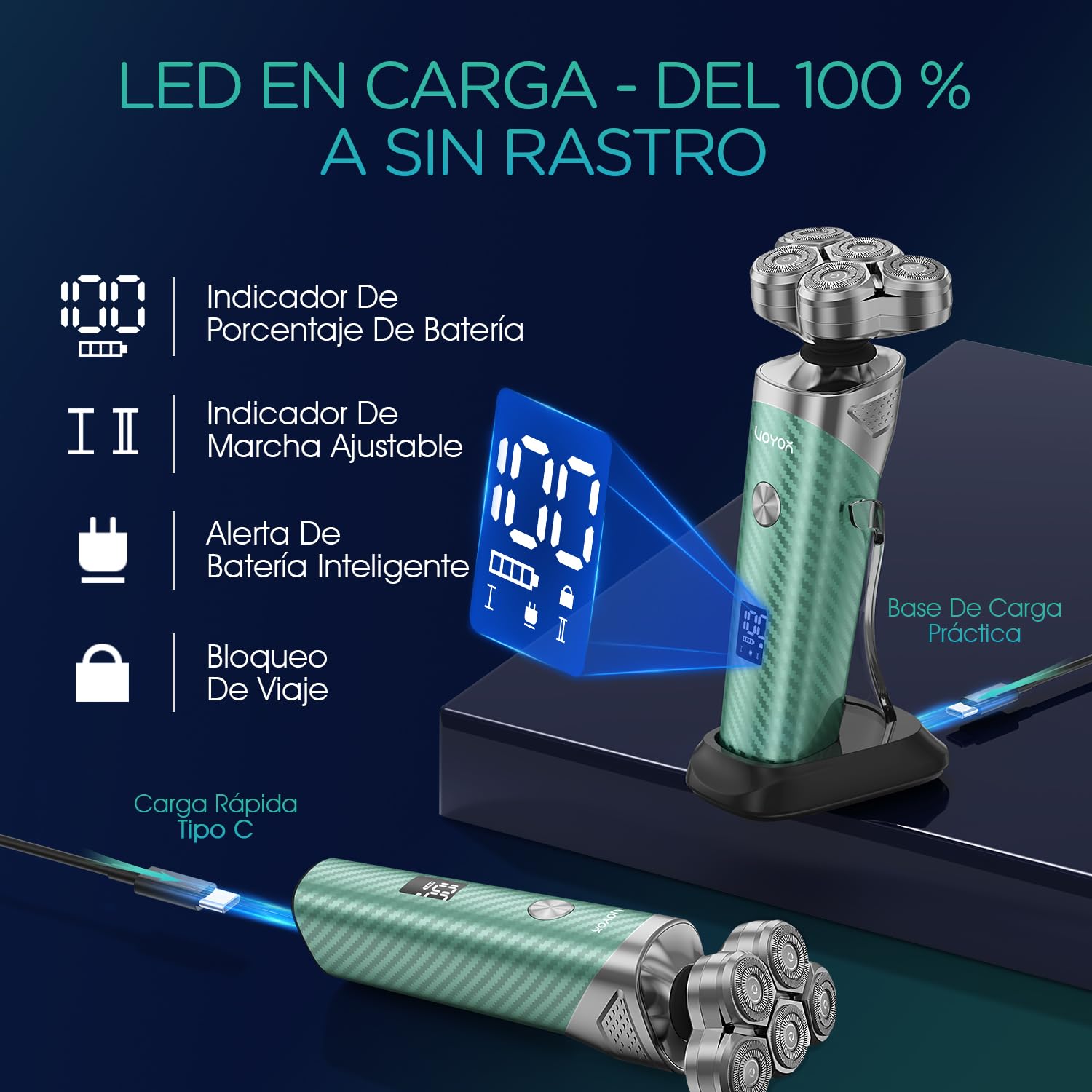 VOYOR Afeitadora Electrica Hombre Recargable Maquina De Afeitar Masculina Con Cabezale Flotante 5D Diseño, Afeitadora Uso En Seco Y Húmedo, Maquina Afeitar Hombre Pantalla LED TX500 (Verde)