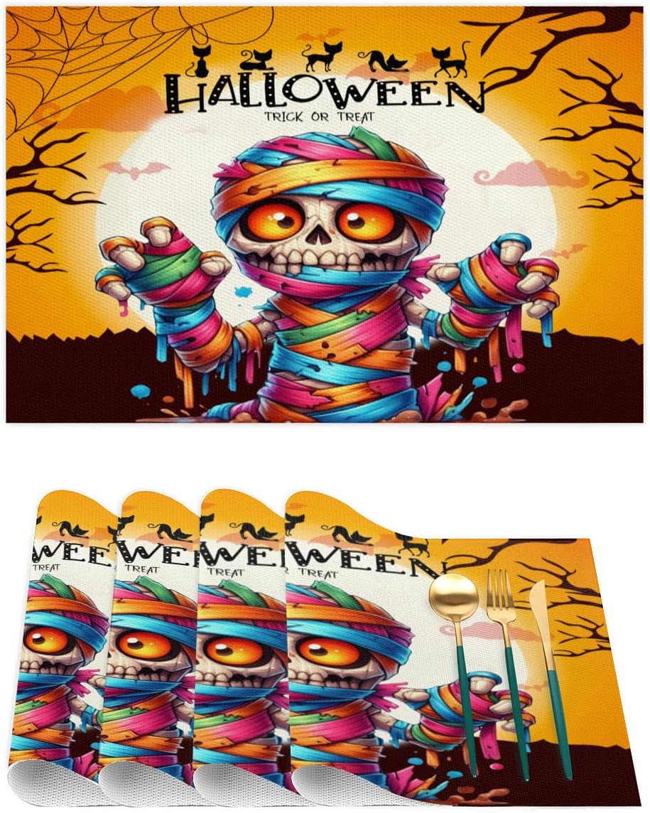 Halloween Mummy Rainbow Moon Placemats Set of 4 PVC Vinyl Non Slip Table Mats Heat Resistant Place Mats Washable Wipeable Dining Table Mat for Kitchen Decor Party Indoor Outdoor Decorative Gift