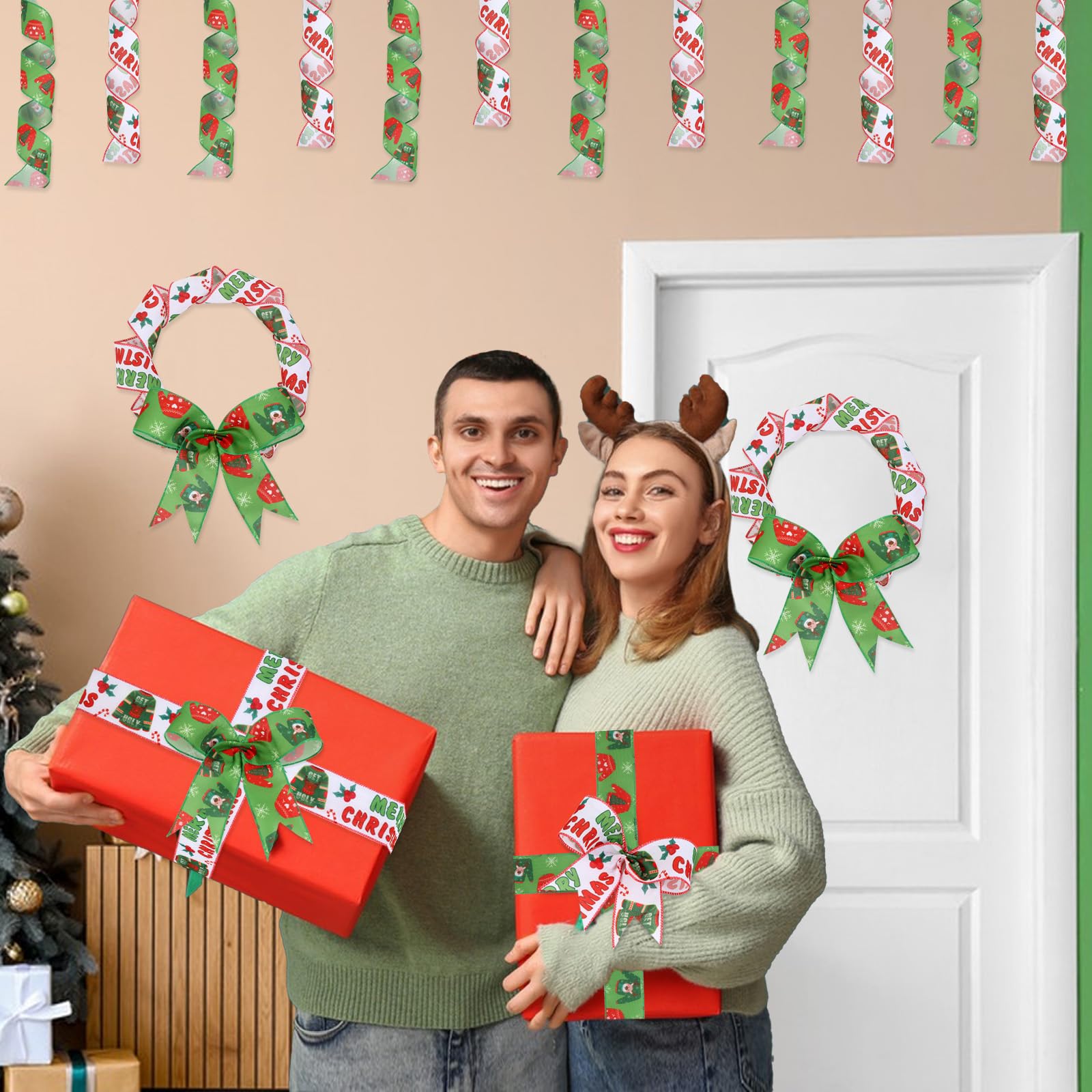 6 Rolls Total 30 Yards In Length 1.5\" And 2.5'' Cute Highland Cow,Candy Cane Poinsettia And Snowflake Wired Ribbon For Christmas And Winter Holiday...
