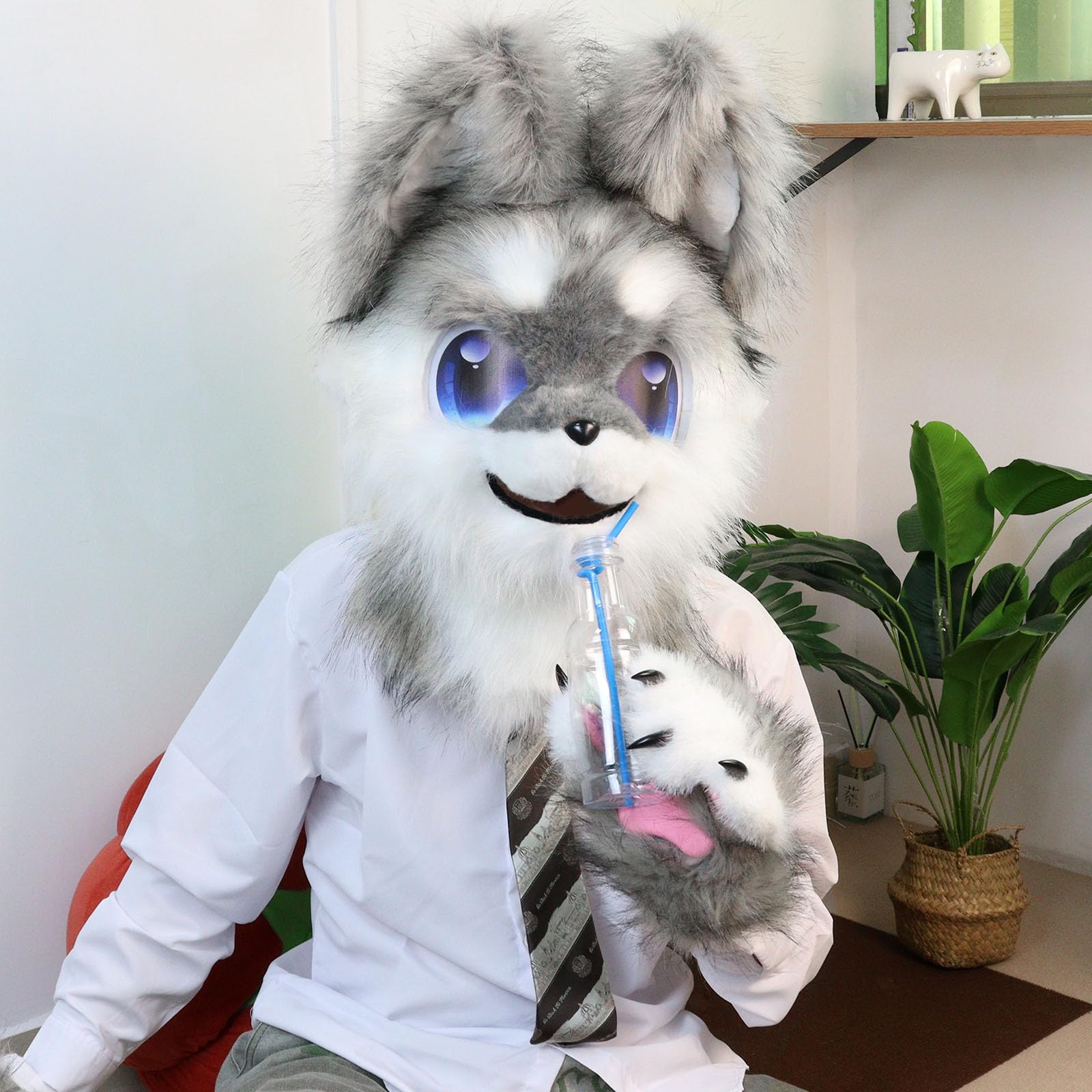Maska na głowę zwierzęcia, futrzany kombinezon, pluszowy pies, lis, maski, na imprezy halloweenowe, cosplay, akcesoria do kostiumu