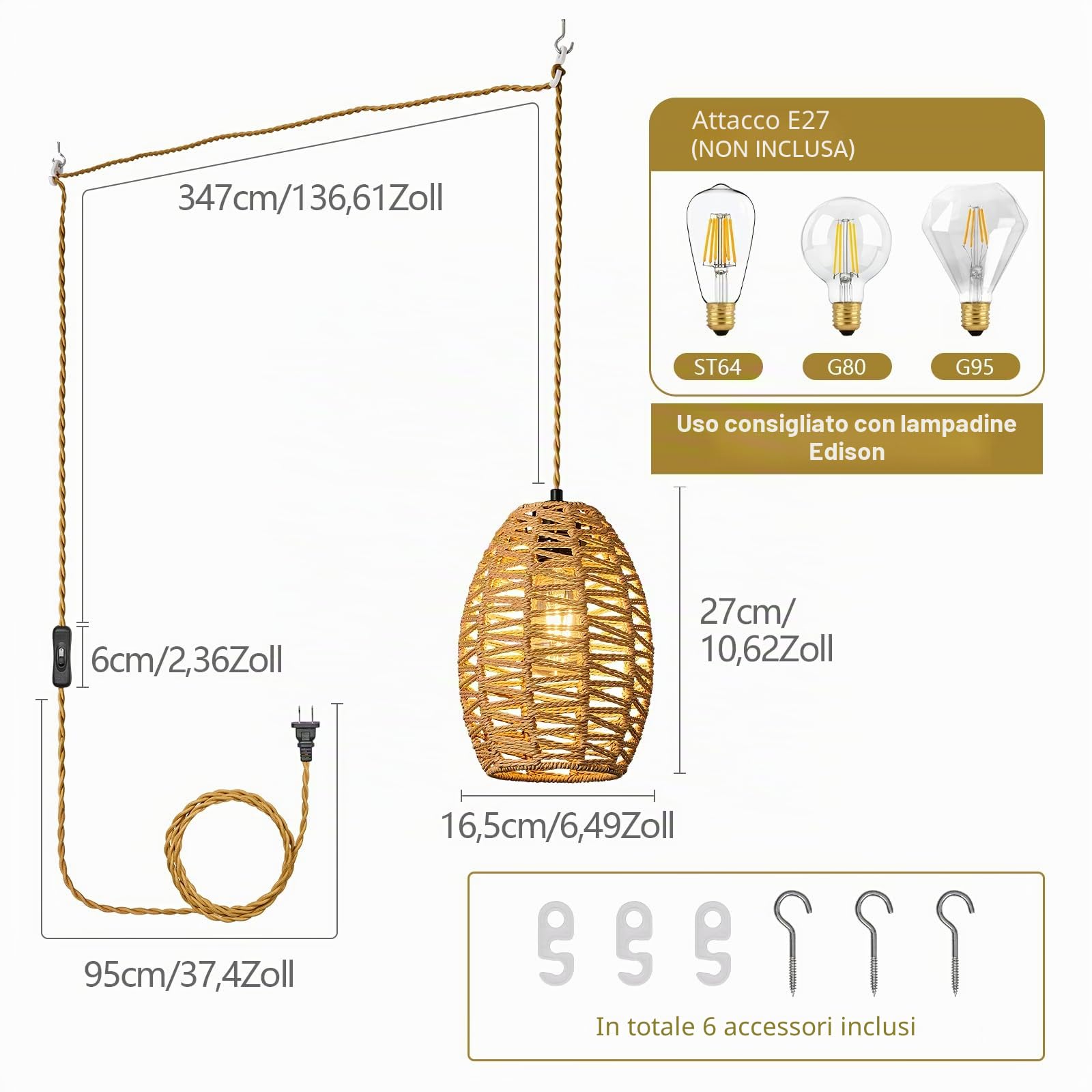 Rattan Plug in Lampada a Sospensione Boho Luci Sospensione Marrone Luci Sospensione Altezza Regolabile Basket Lampada E27 Lampada Sospensione Camera Letto Soggiorno Agriturismo(1-Confezione)