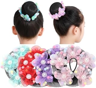 4PCS Girls Ballet Bun Covers Flower with Pearl Shaped Dance Snood Hair Net Accessories Mesh String Bobbles Elastic Band for Dancers Skating