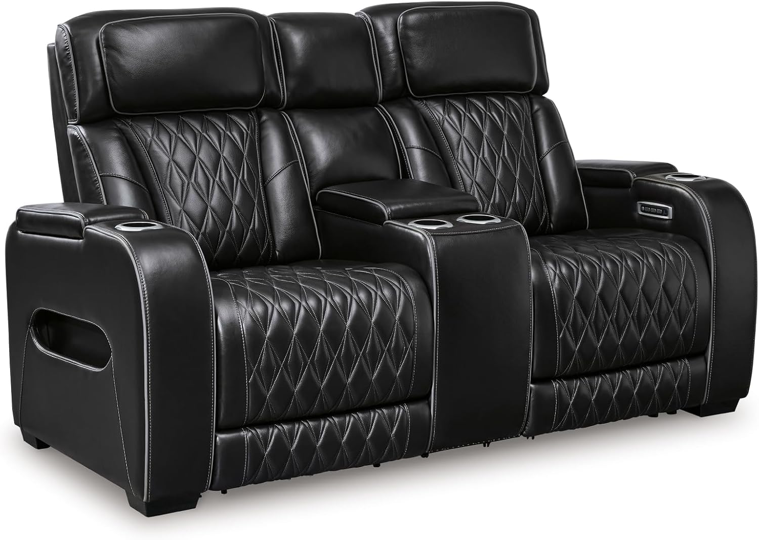 Signature Design by Ashley Boyington Modern Leather Match Power Reclining Loveseat with Console, Adjustable Headrest, Massage, Heated Seat and LED Lights, Black