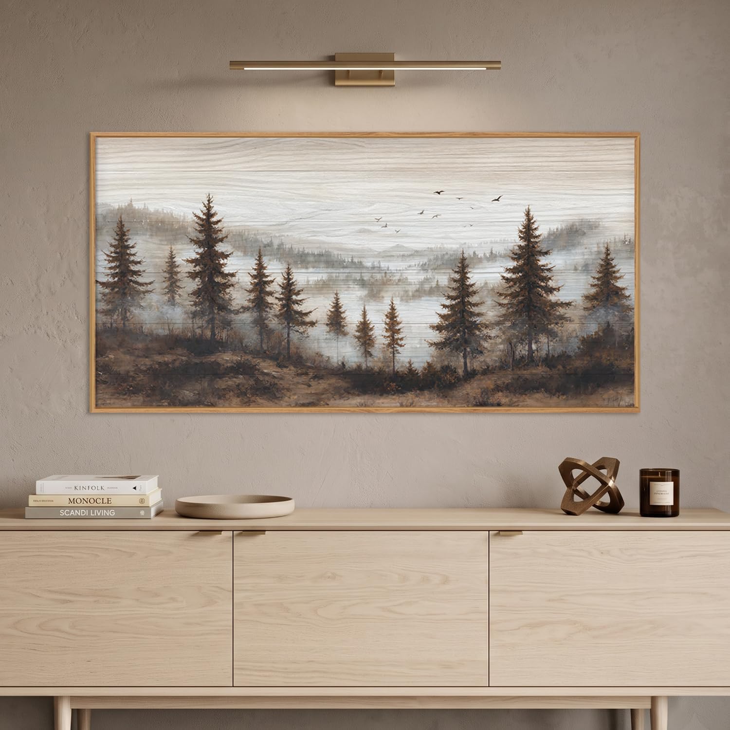 Aurlan Large Foggy Pine Tree Mountain Framed Canvas Wall Art Set-40"x20" image 2