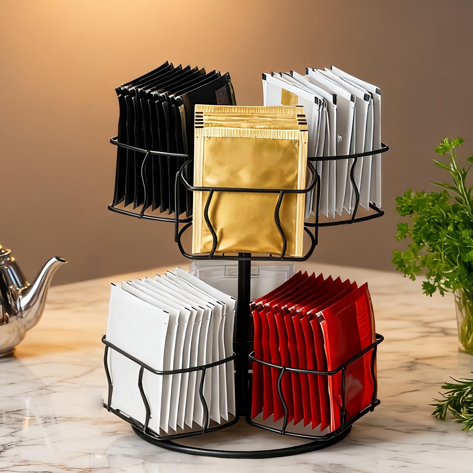 Carrousel porte-sachets de thé, organisateur de dosettes de café rotatif en métal à 2 niveaux – Panier à thé, café, sucre, pour bureau, cuisine, comptoir, placard, garde-manger, appartement