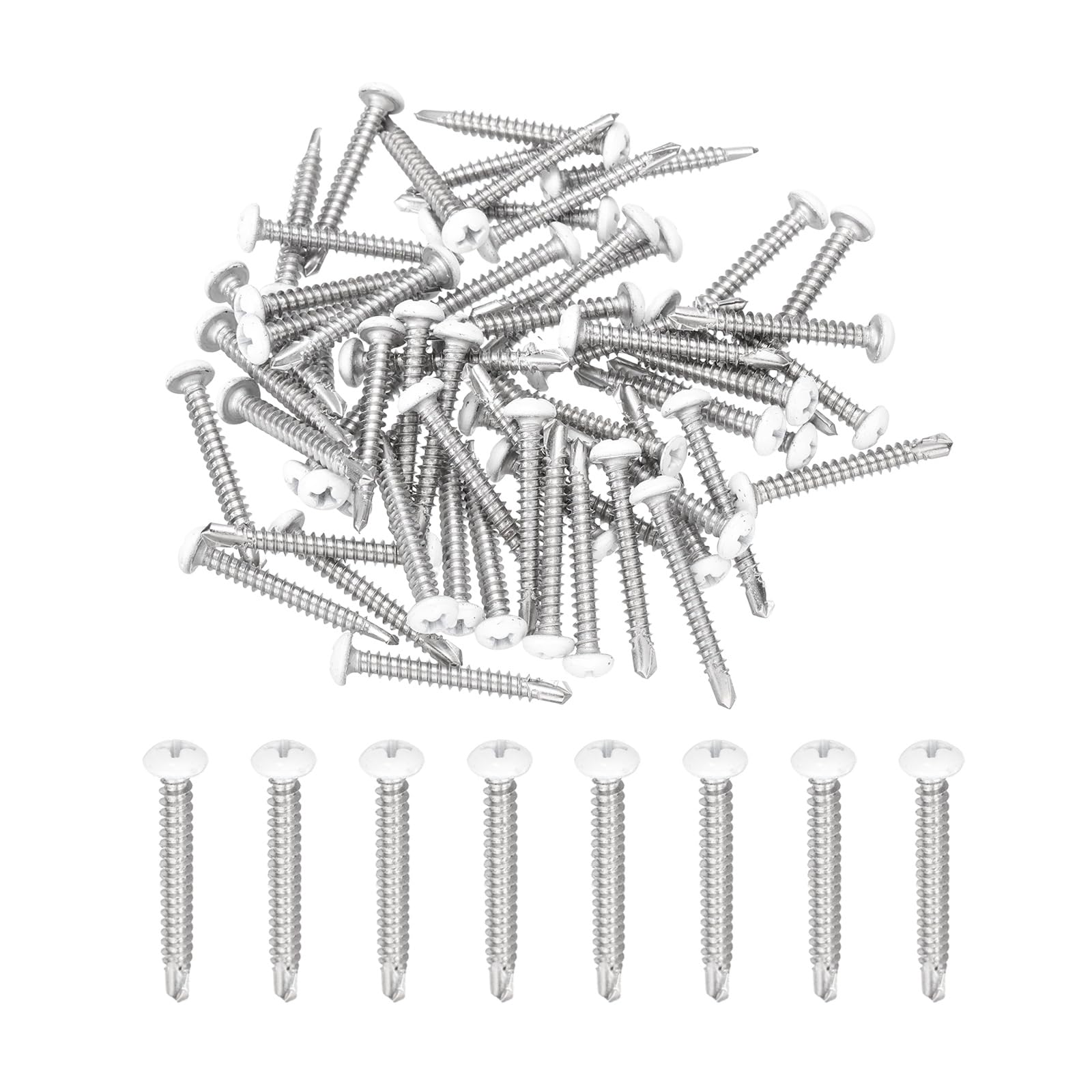 sourcing map 60Pcs M4.2x32mm White Thick Pan Head Self Tapping Screws, 410 Stainless Steel Self Drilling Screws for Metal Sheet Metal Screw, Silver
