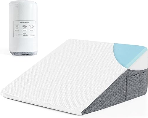 Yojoker Almohada de cuña para dormir y descansar, cojín de espuma viscoelástica de 24 x 24 x 10 pulgadas con gris y blanco