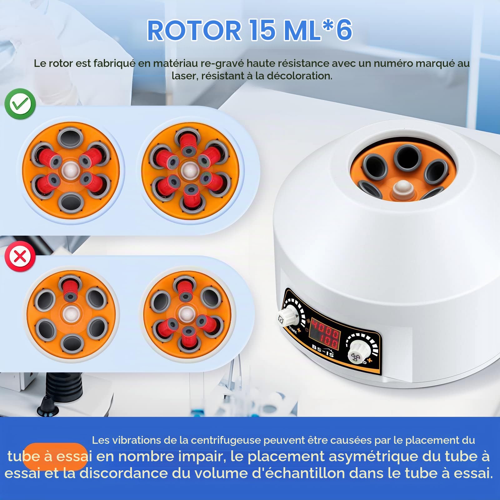 Bonvoisin Centrifugeuse de Laboratoire 15mlx6 avec Affichage LED, 4000 rpm, 1953xg, Durée de 100 minutes, Faible vibration, Compatibilité avec Tubes Vacutainer & Centrifuge de 2 à 15ml | Minuterie de 100 Min, Faibles Vibrations, Compatible avec Les Vacuta