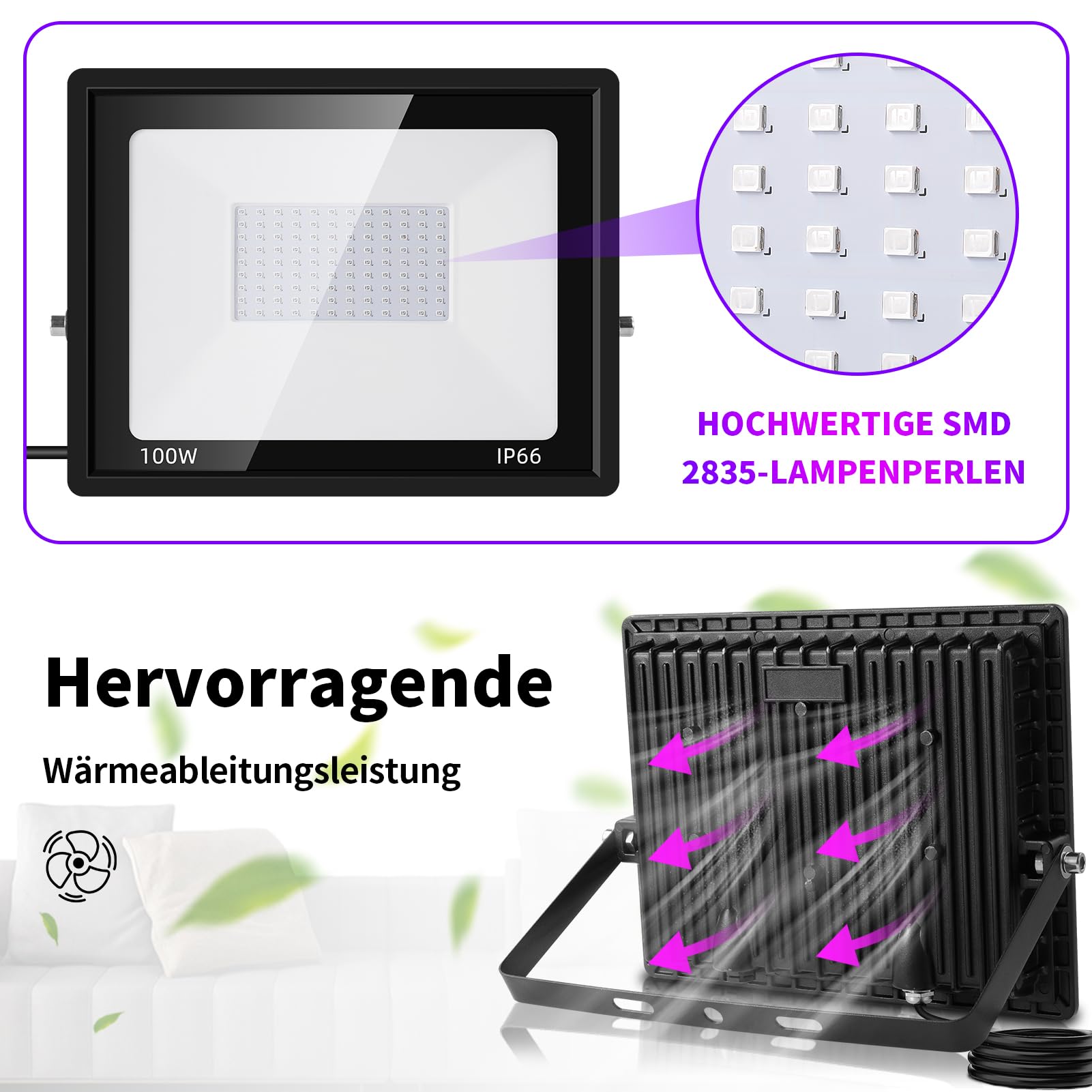 100W Schwarzlichtlampe, 3 Brightness Schwarzlicht, P66 Wasserdicht Schwarzlicht Strahler, UV Licht Mit 1.5m Netzkabel Stecker Schalter, Schwarzlicht Led für Party Disco, Neonfarben, Aquarium