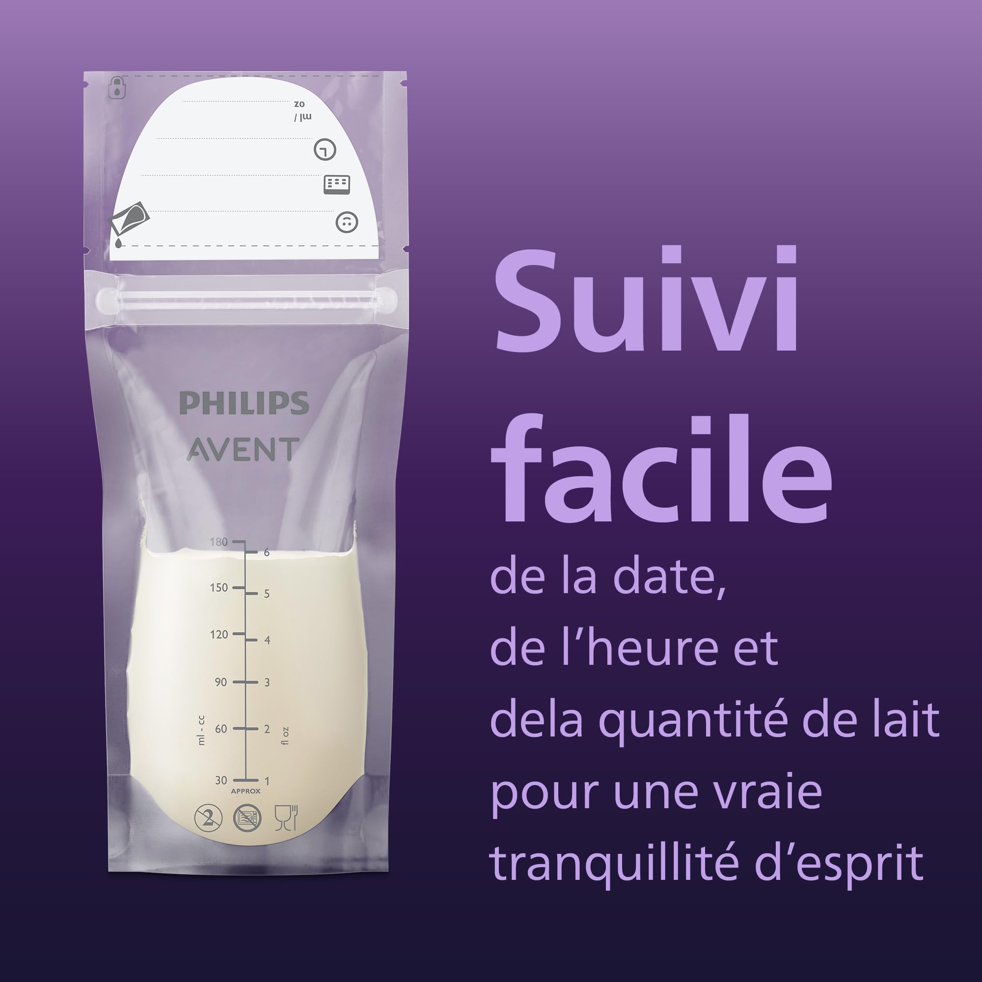 Philips Avent Sachets de conservation pour lait maternel – pré-stérilisés, réfrigérateur et congélateur, sans BPA, anti-fuites, remplissage et stockage faciles, 180 ml, 50 pièces, SCF603/50