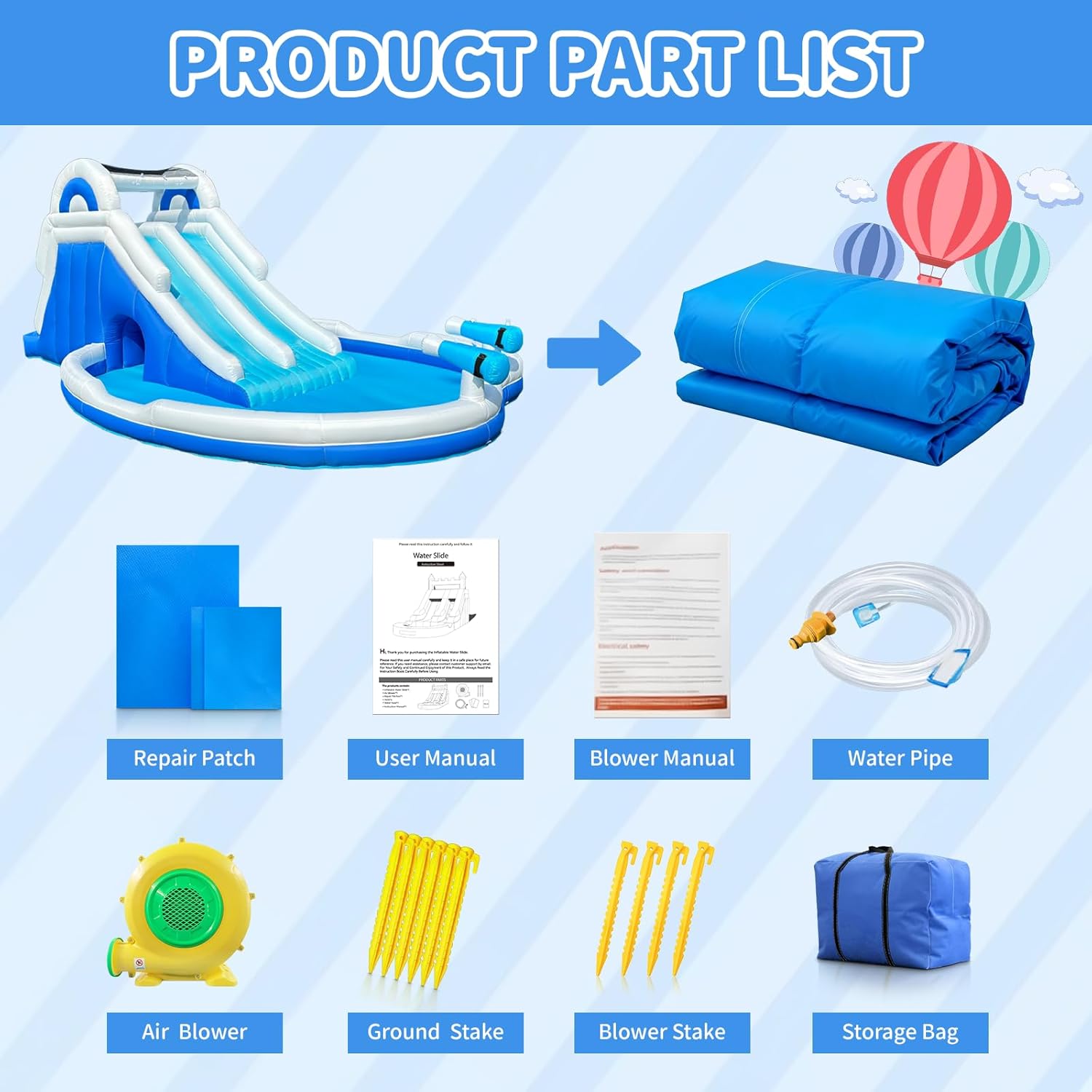 Water Dual Slide Kids Inflatable Water Park | Inflatable Double Slide and Splash Pool | Great for Kids Ages 5 and Up (Blue and White, 212.6x145.67x82.68 inch)