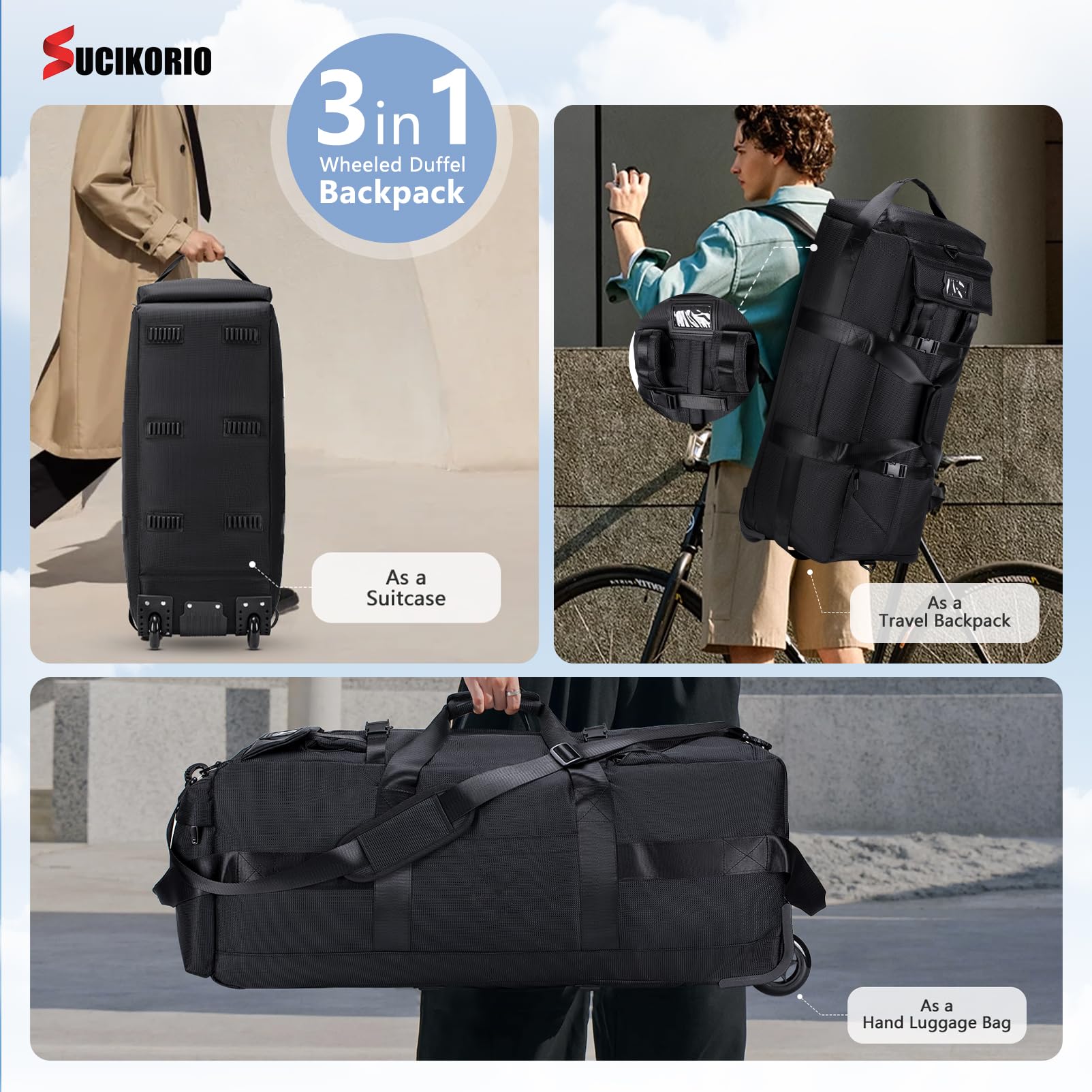 Bolsa de Viaje con Ruedas Impermeable 3 en 1 Mochila Viaje Cabina Avion Bolso de Mano Viaje con Candado de Combinación 80L XL Bolsa de Equipaje Grande 78x33x32cm Maleta para Mujer Hombre