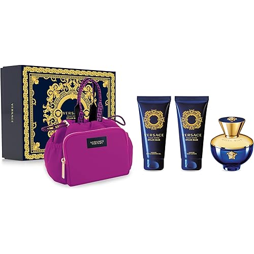 Versace Dylan Blue for Women - 4 Pc Gift Set - 3.4oz EDP Spray, 3.4oz Sublime Body Lotion, 3.4oz Sublime Bath and Shower Gel, Makeup Case