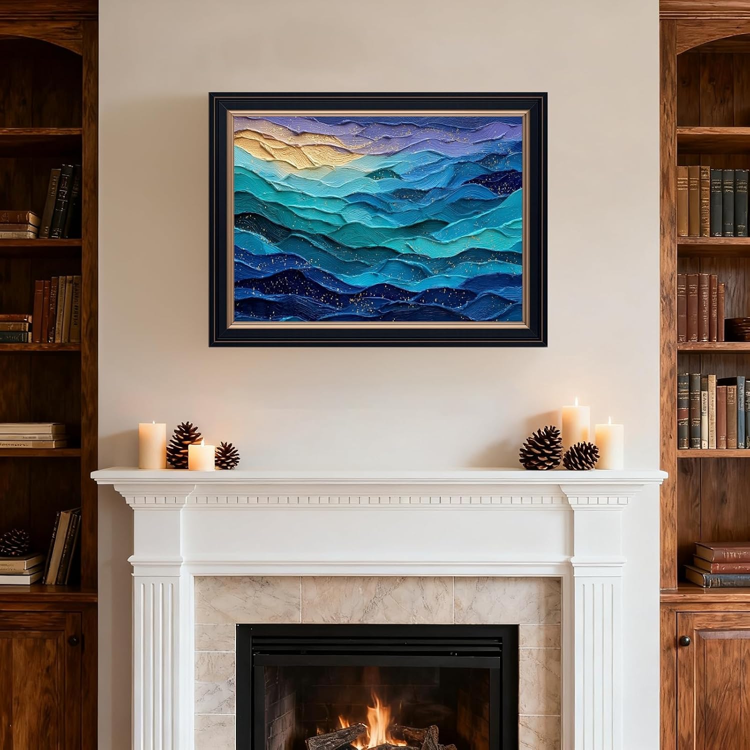 Large Framed Abstract Ocean Wave Canvas TV Wall Art Print Modern Blue Layered Painting Poster Impasto Blue and Gold Coastal Seascape Summer Artwork Picture for Beach Room Decor 24x36inch