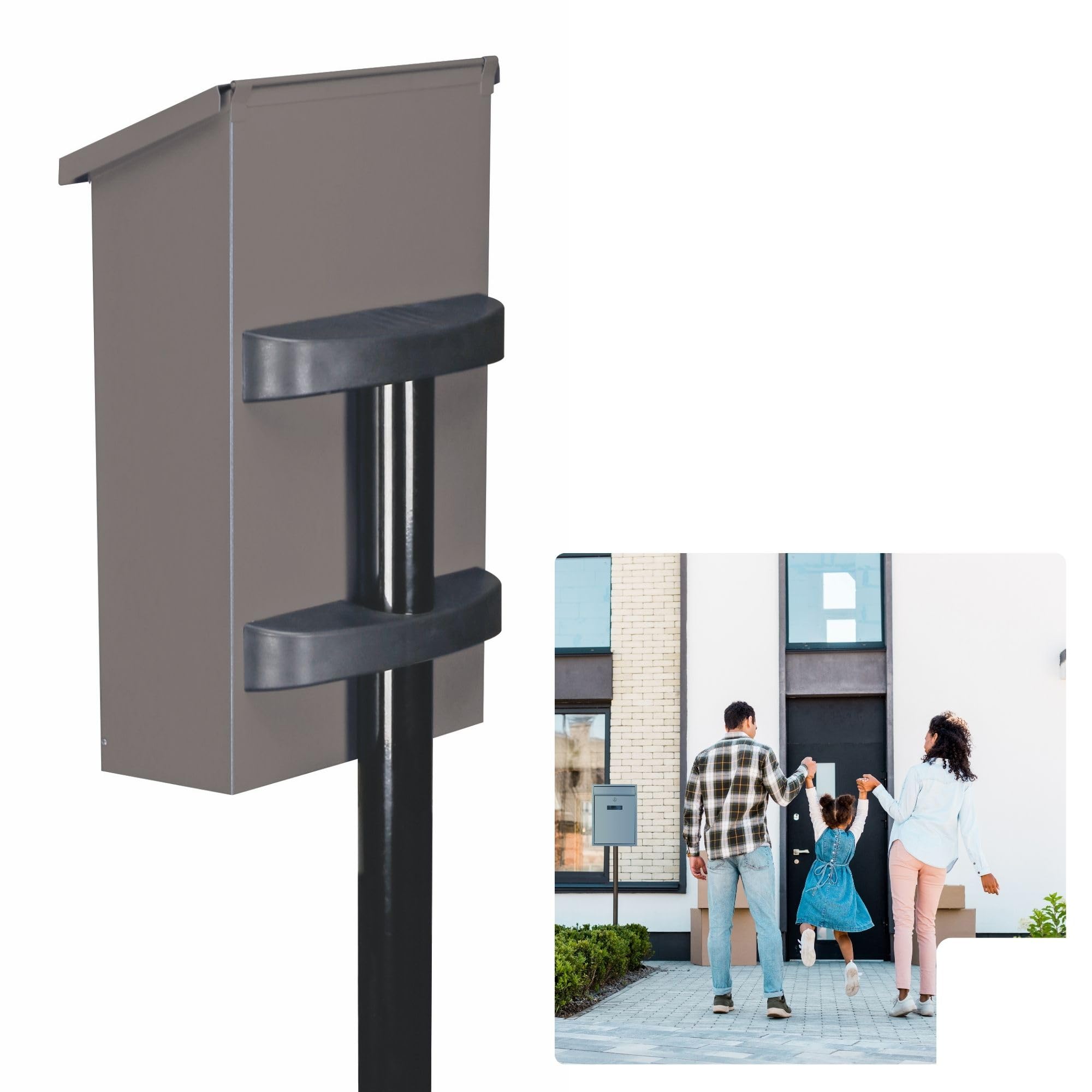Perel Poteau de Boite aux Lettres Noir en Acier galvanise, Hauteur 150 cm, Pose Libre avec Supports de Fixation, Resistant aux intemperies et Stable pour Exterieur