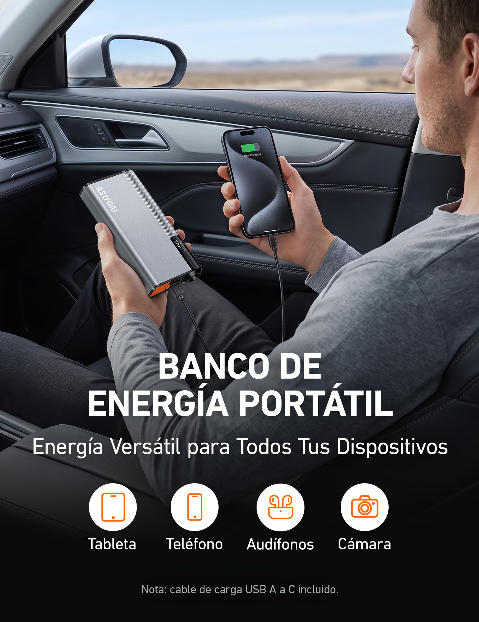 AstroAI Arrancador de Batería de Coche 8000A de Aluminio Ultrarresistente | 3 en 1 Jump Starter Portátil (Todo Gasolina/12L Diésel) con Pantalla LCD, Luz LED Emergencia y Powerbank