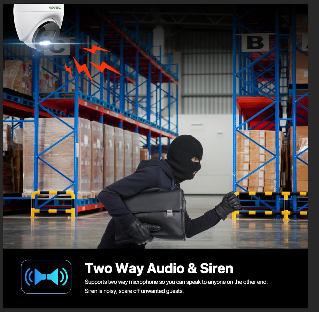 SV3C camera showing three storage methods: cloud, SD card, and NVR, with app interface displaying recorded events.