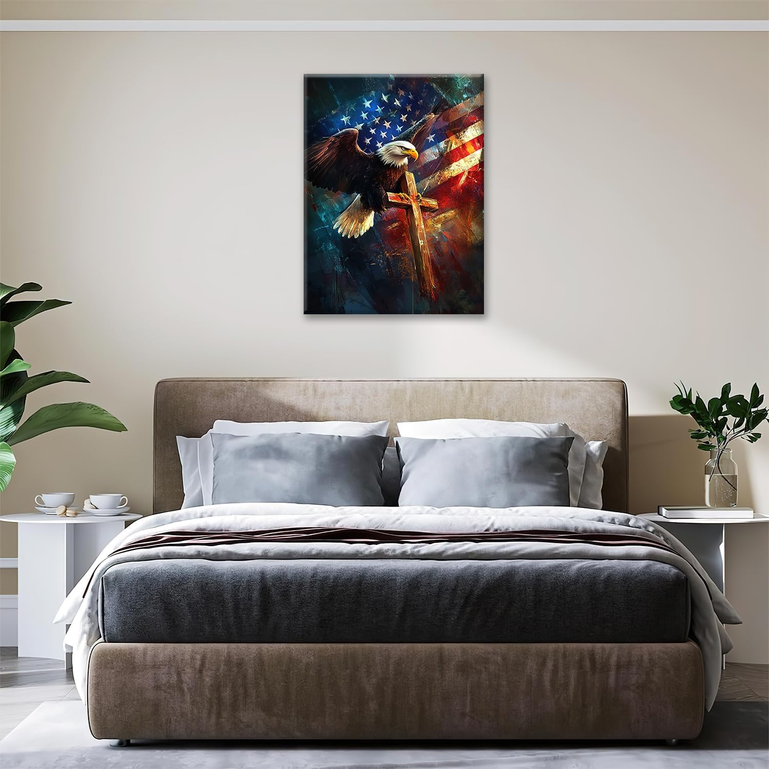 Eagle Canvas Wall Art Patriotic American Flag Painting Picture Christian Cross Framed for Bathroom Bedroom Living Room Bald Eagle Modern Home Office Wall Decor 12"x16"