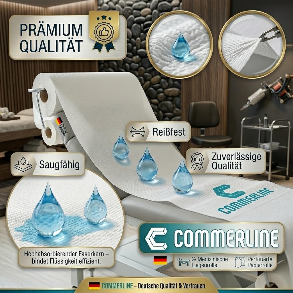 Commerline Rollos Médicos | 6 Rollos | 50 cm x 50 m 2 Capas | Cubierta Desechable Para Tumbonas | Fundas Blancas De Alta Calidad | Higiénicos | Ideal Para Consultas, Médicos, Masajes, Cosméticos | Cojín desechable de 2 capas para tumbonas de examen y masa