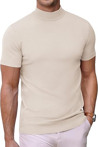 COOFANDY Suéter de cuello alto falso para hombre, de manga corta, color sólido, básico, ajustado, de punto