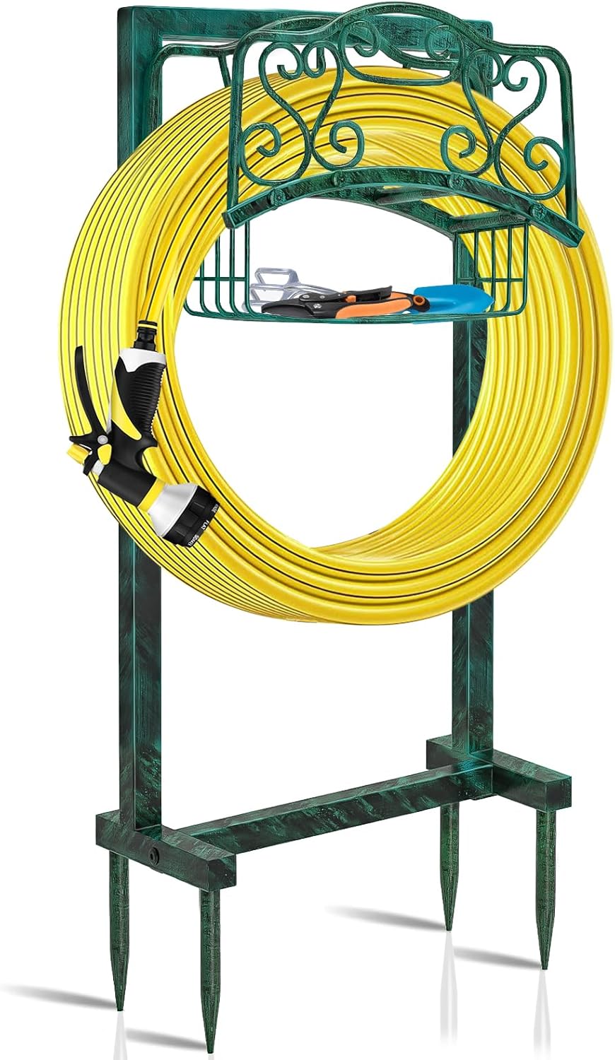 Garden Hose Holder for Outside - Upgraded Water Hose Holder Holds with Storage Basket, Heavy Duty Metal Freestanding Garden Hose Storage Reel Rack for Outdoor Yard Lawn (Green)