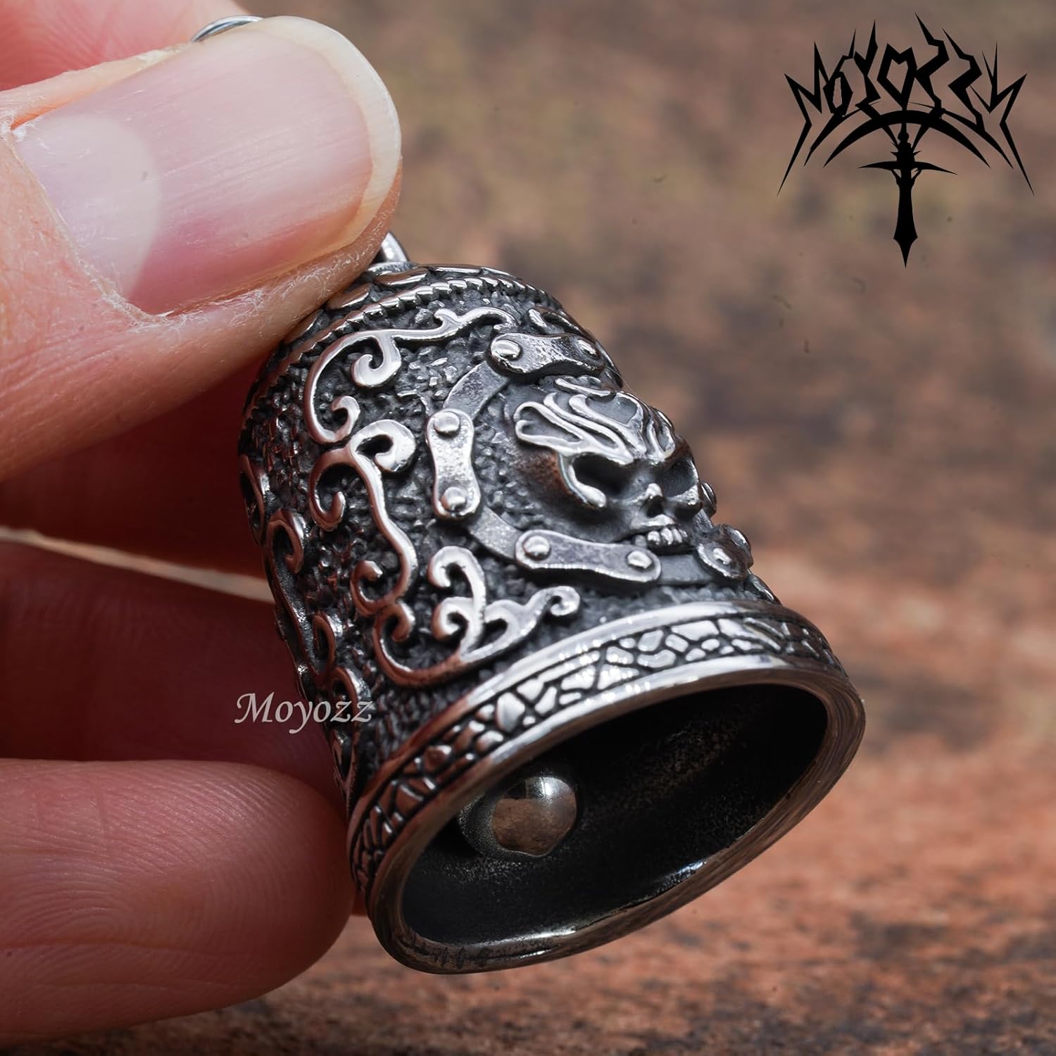 Old School Biker Skull Bell - Viking Warrior Skull Motorcycle Biker Bell Hanger or Key Chain for Good Luck on the Road - Image 5