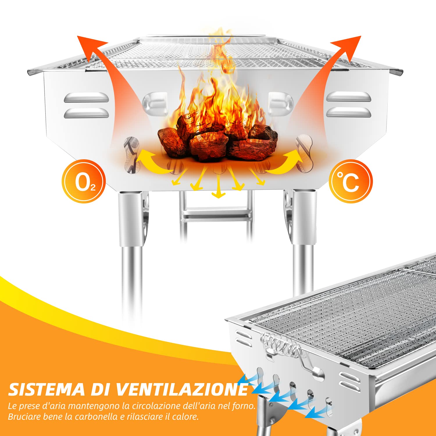Barbecue a Carbone Portatile Barbecue Grill Pieghevole in Acciaio Inossidabile Barbecue a Carbonella per 5-10 Persone (110*33.5*71.5 CM)