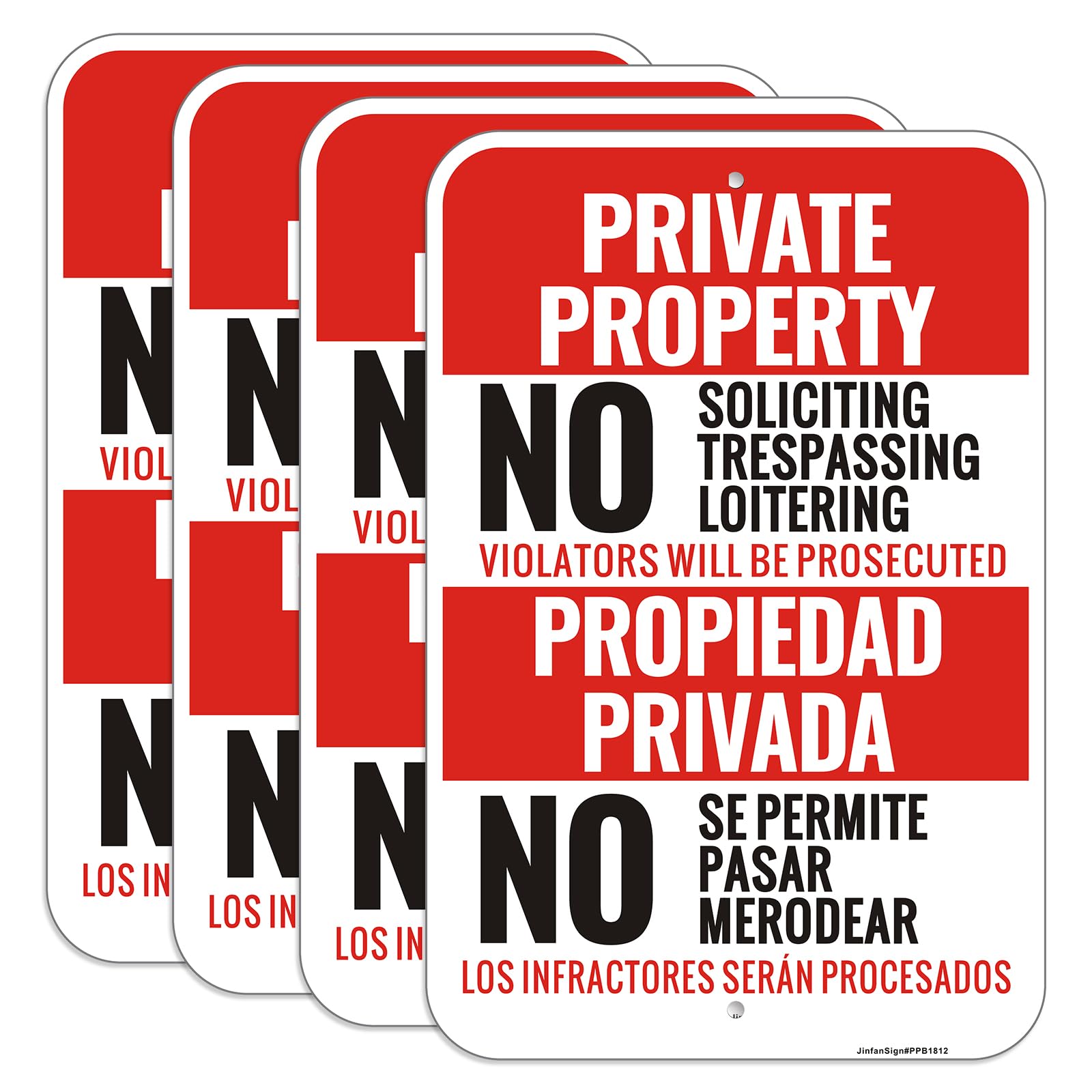 (4 Pack) Large Private Property No Soliciting No Trespassing No Loitering Sign English Spanish Bilingual, 8"x12" Engineer Grade Reflective Aluminum, Fade Resistant, UV Protected, Easy to Install