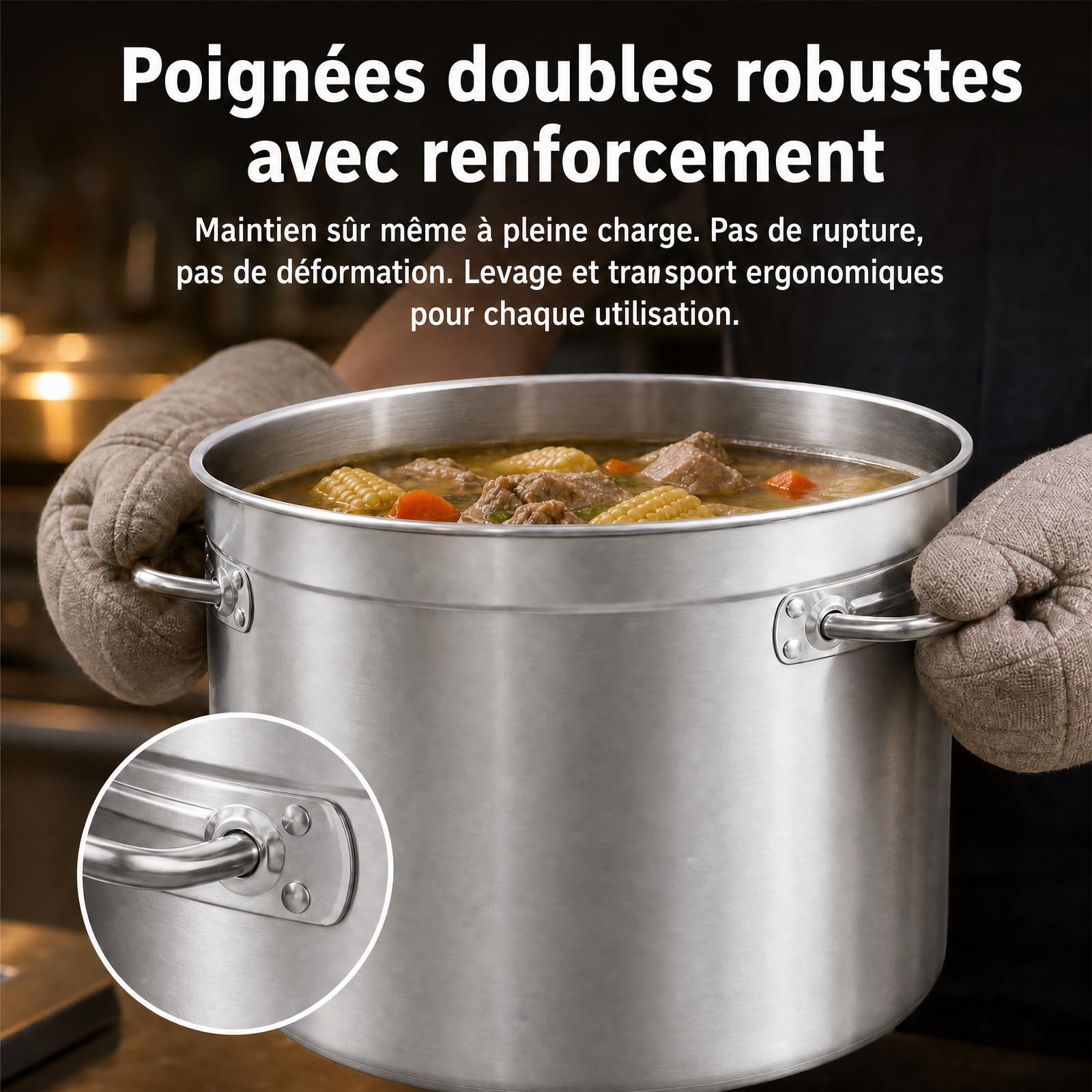 Grande casserole en acier inoxydable 98 L, avec poignées et couvercle d'évier, diamètre 51,5 cm, hauteur 50 cm, pour tous les types de cuisines et grandes cuisines
