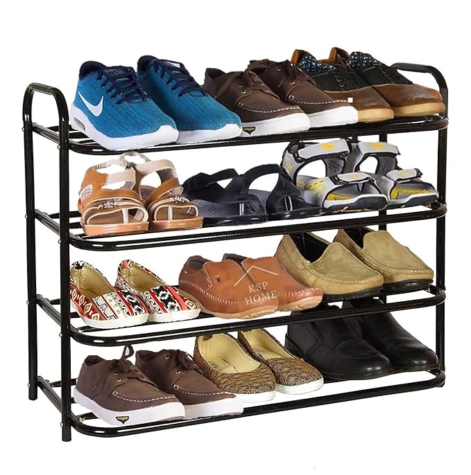 KSP HOME Heavy Metal Shoe Rack (4 Shelves) Foldable Open Book Shelf, Book Shelve, Shoe Rack, Shoes Storage Rack for Home Shoe Stand Shelf Big (60 * 55 * 25 cm) (Black Powder Coated)