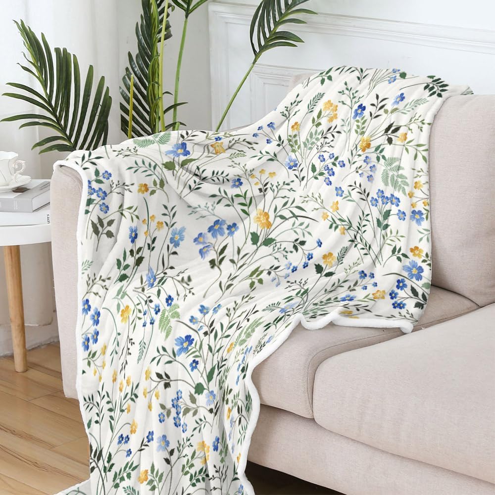 Spring Floral Throw - Blue & Yellow Watercolor Floral Blanket for Couch Sofa Camping, Farmhouse Cottagecore Flowers Bedding Decor, Soft Warm Flannel Throw for Women Girls, 60X70
