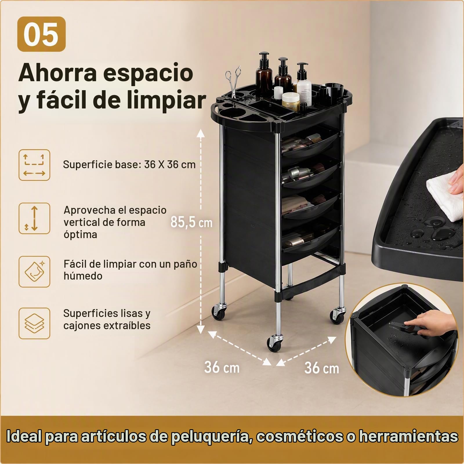 Carrito de peluquería de 6 pisos, carrito de peluquería, con 5 cajones, carrito de trabajo para peluquería, peluquería, peluquería, spa