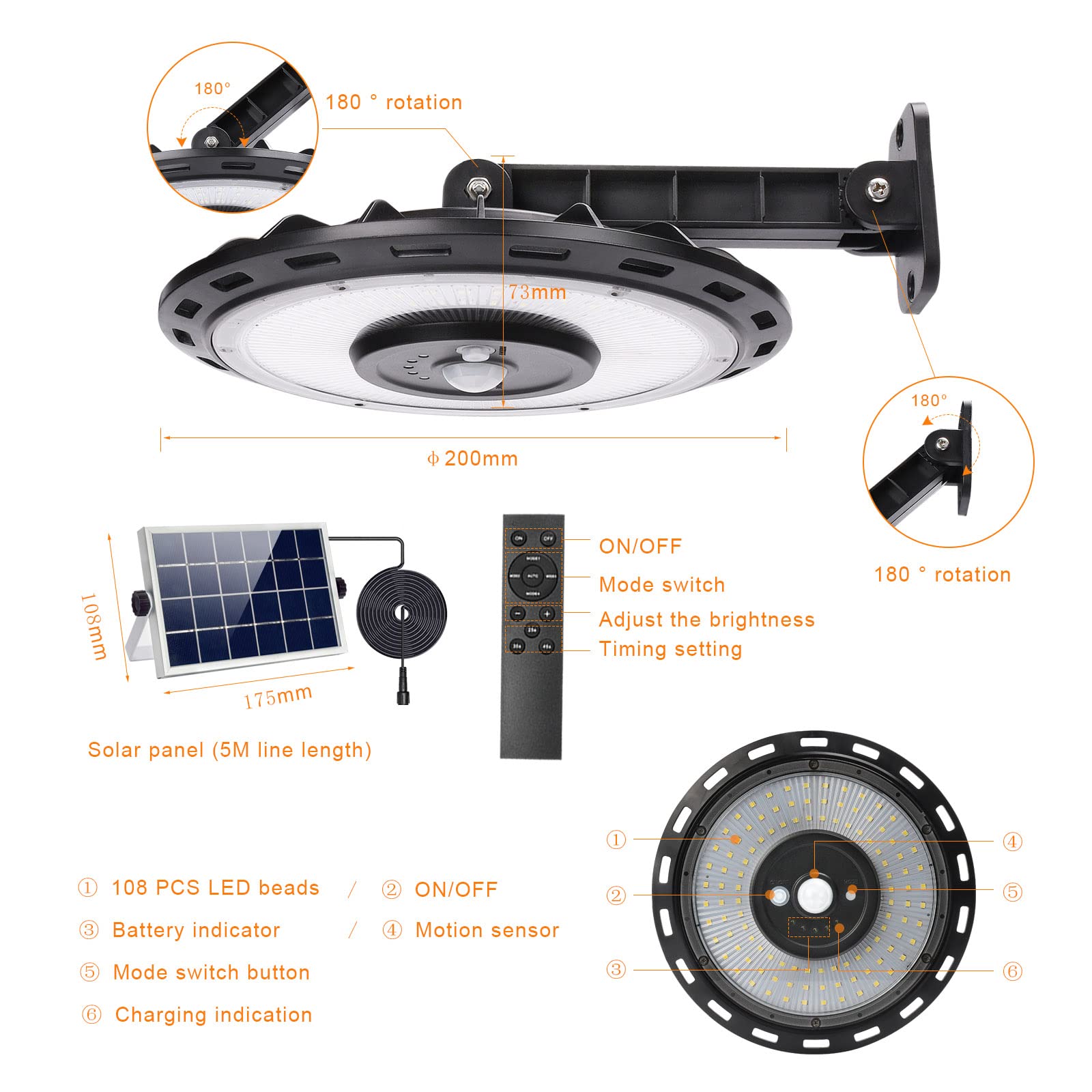 Luz Solar para Interiores Exteriores Lámpara Colgante Solar con Mando 1200LM 108 LED Solares con Sensor de Movimiento Jardín Casa Garaje Granero Balcón