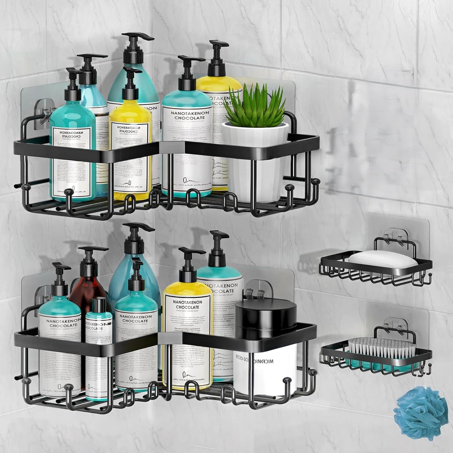 Corner Shower Caddy 5 Pack, Large Capacity Shower Organizer, Upgraded Stronger Adhesive Shelf for Inside Shower, Rustproof Stainless Steel Shelves with 8 Hooks, Black