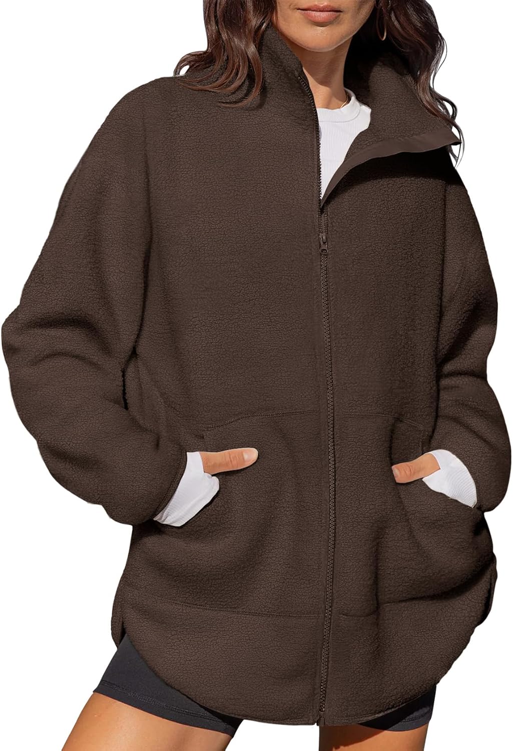 LASLULU Womens Full Zip Fleece Long Jacket Sherpa Oversized Sweatshirts Stand Collar Winter Coat Warm Sweater