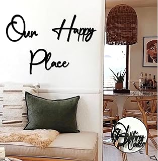 Our Happy Place Sign Wall Plaque Decor Wooden Adhesive Words Wood Lettering Hanging Wall Art Sculptures Large Quote Wall Decor for Home Living Room Bedroom Farmhouse Decoration