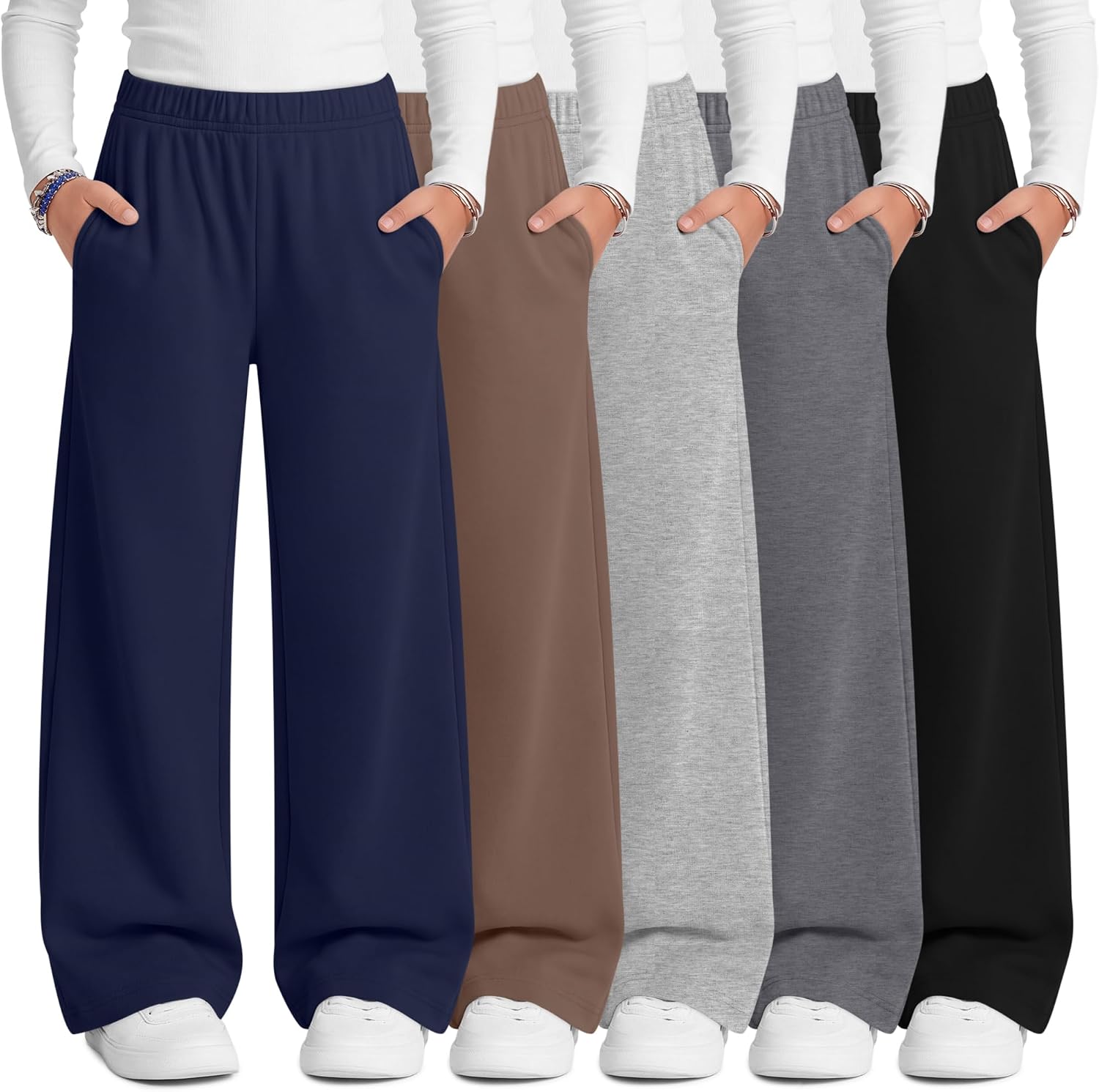 Xaatren 5 Pack Girls Wide Leg Sweatpants | Kids Pants Open Bottom, Baggy Casual Loose Joggers, Elastic Waist with Pockets, Teen 5-16Y