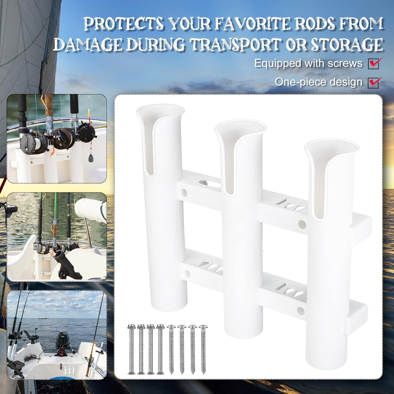 Shappy 3 Pcs Fishing Rod Holder Bracket Tube 3 Rod Rack Wall Mounted 10.63 Inch Fishing Pole Holders for Boats with Screws Nuts Side Mount for Boat Truck Kayak Garage (White)