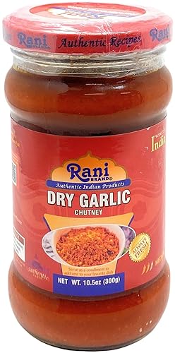 Rani Chutney Garlic Chutney - Tarro de vidrio de 10.5 onzas, listo para comer, totalmente natural, sin conservantes, vegano, sin gluten, sin OMG,