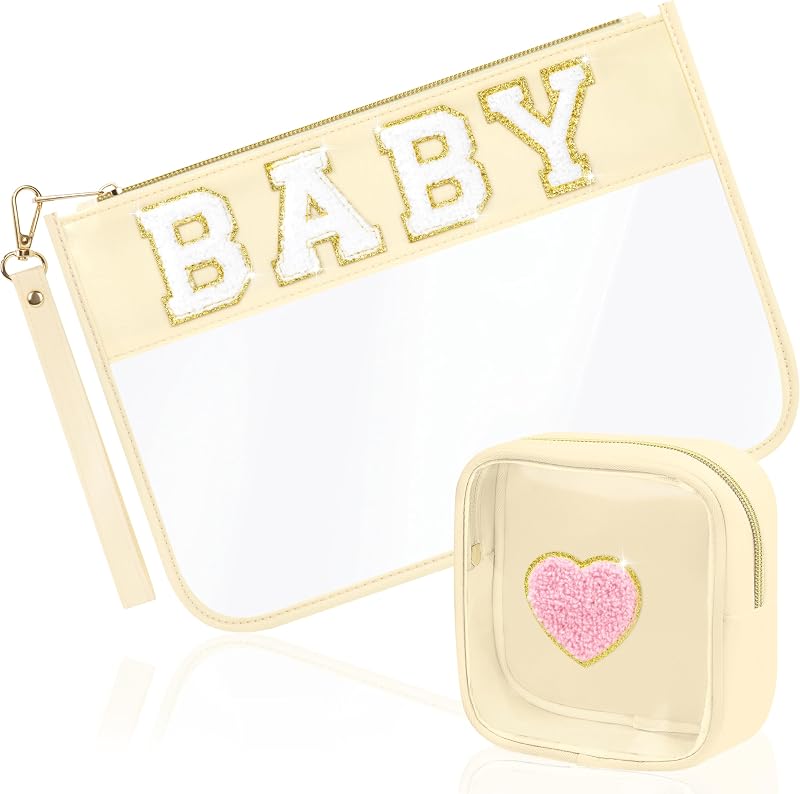 BuyCard Kit com 2 necessaires transparentes em PVC BABY-Beige com patches de chenille e zíper