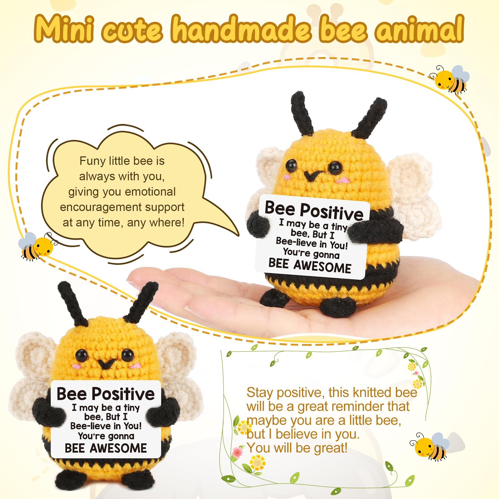 Ape Positiva Portafortuna – Pocket Hug In Peluche Lavorato A Maglia – 10 Cm – Regalo Di Incoraggiamento Con Messaggio “BEE HAPPY”