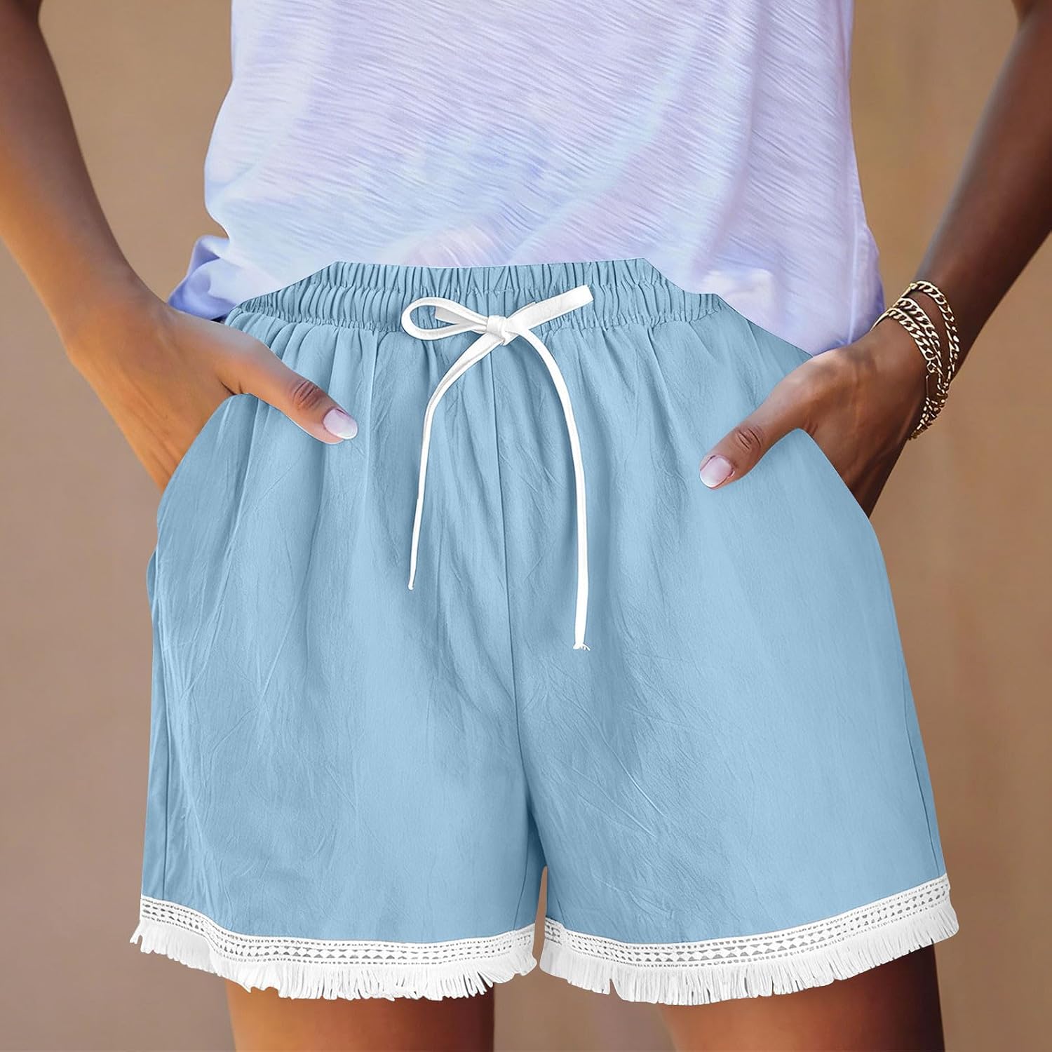 Womens Cotton Summer Shorts Casual Elastic Waist Lounge Shorts Comfy Linen Beach Travel Vacation Shorts
